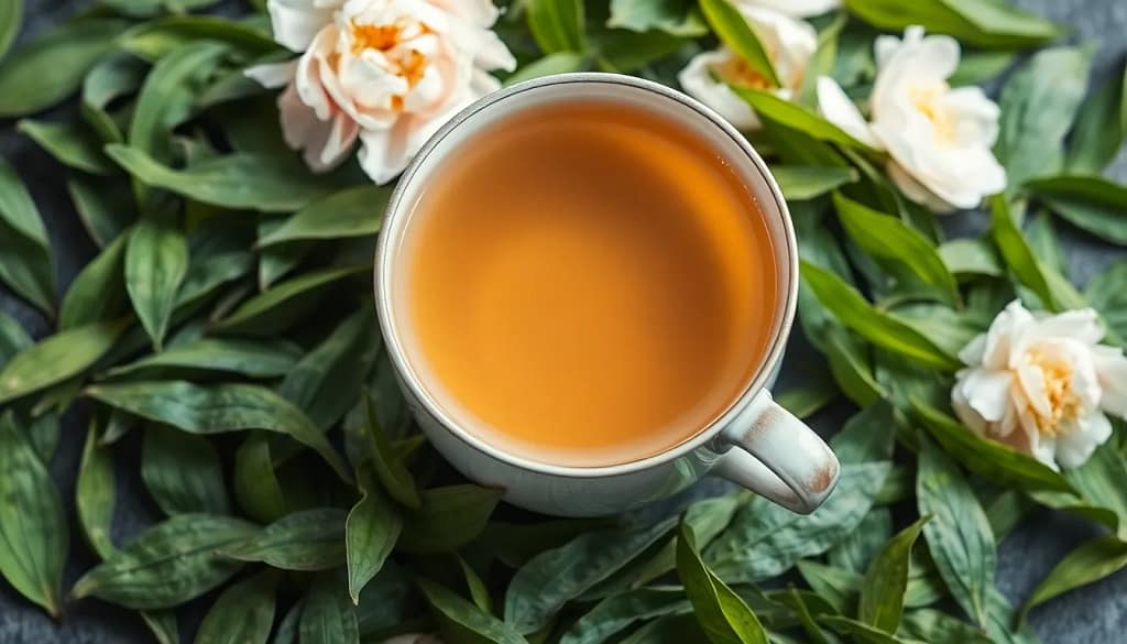 A visual representation of peony white tea showcasing its leaves and delicate color