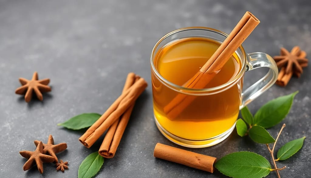 A cup of cinnamon green tea surrounded by cinnamon sticks and green tea leaves