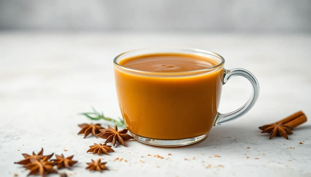 A steaming cup of authentic india tea masala chai with spices