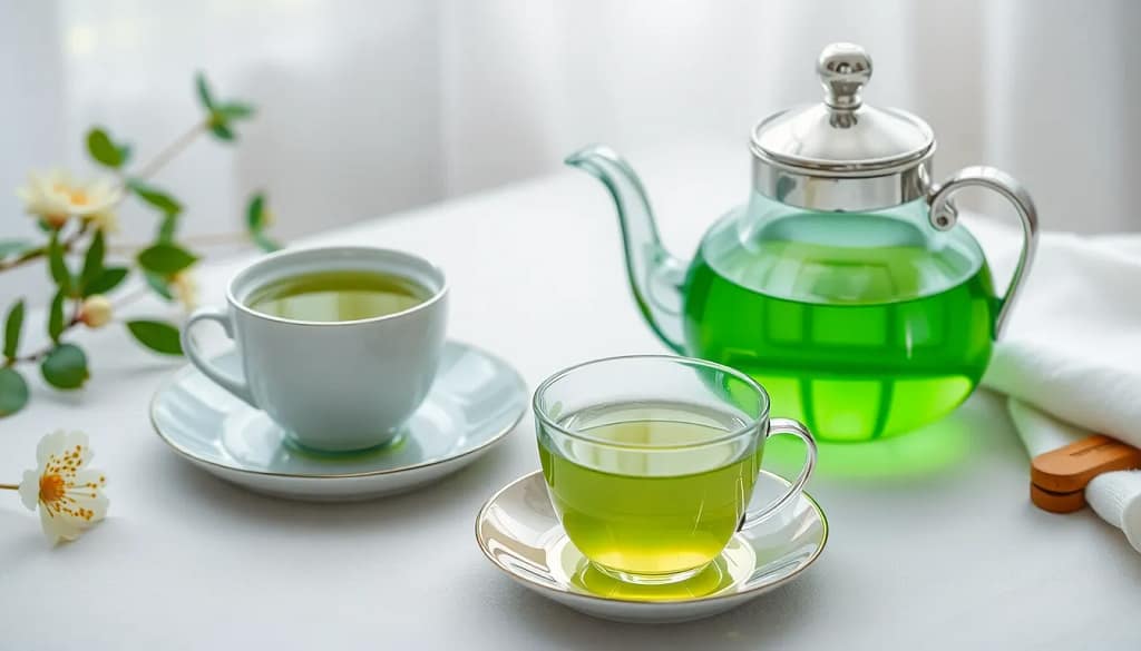 A calming setting showcasing relaxing green tea leaves and a tea cup