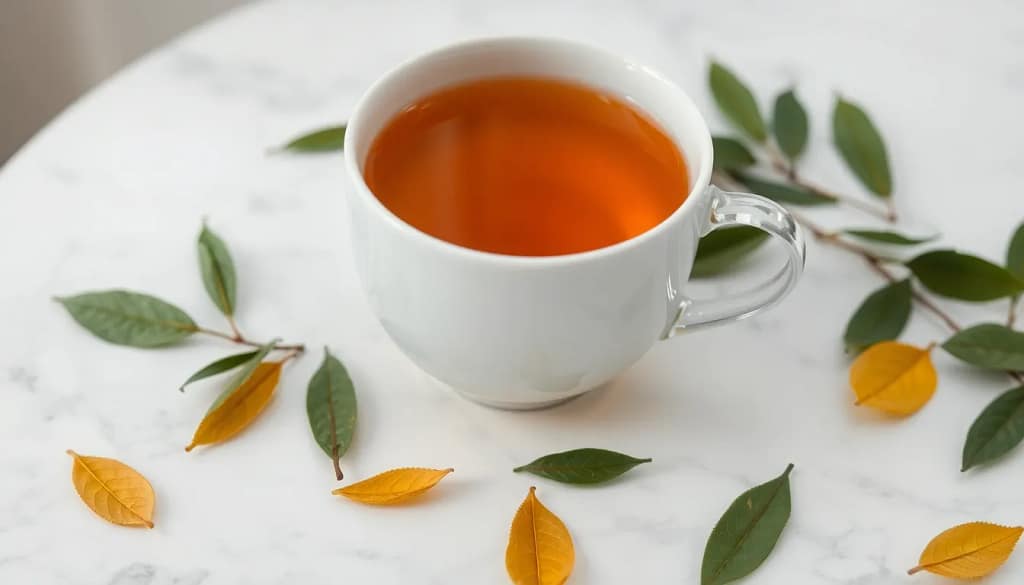A cup of slim tea showcasing its ingredients and leaves