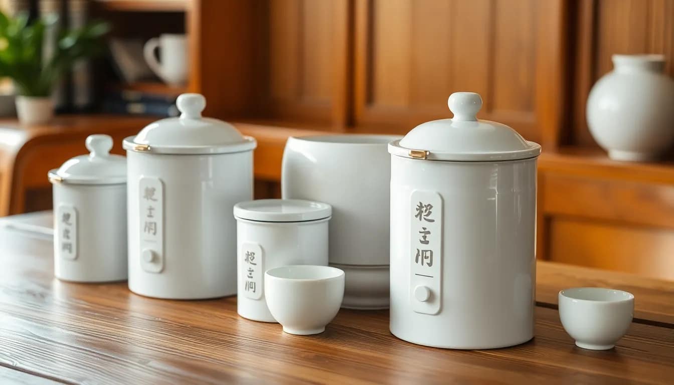 Pricing of white tea showcased through artisan canisters on wood.
