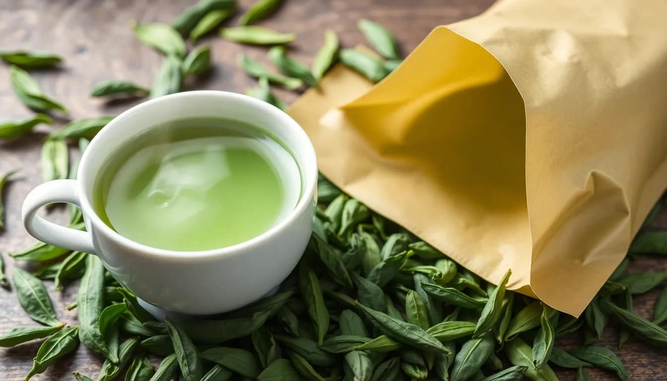 Brewed green tea with an open packet and fresh leaves highlighting quality.