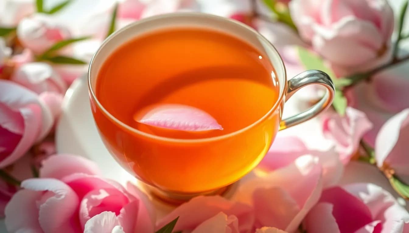 A cup of peony white tea with peony petals, capturing the essence of this delicate tea.