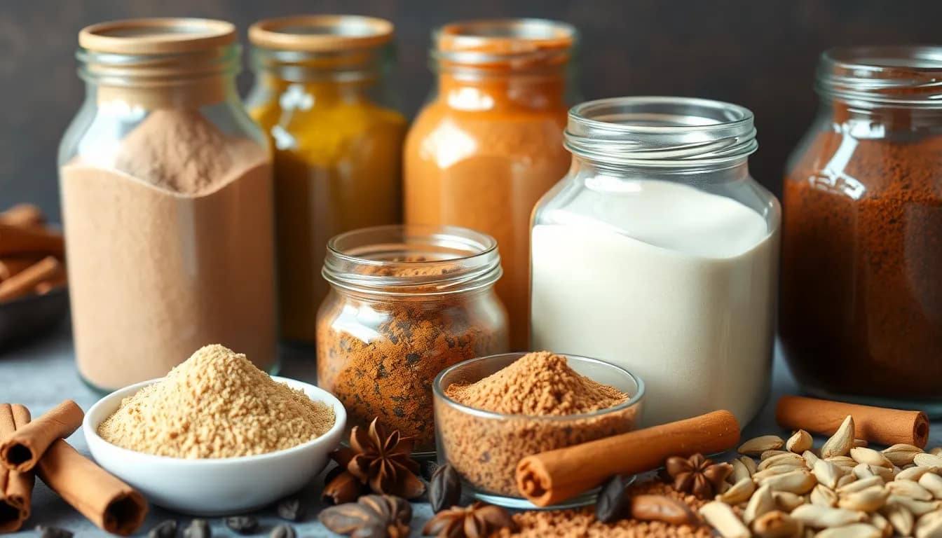 Various masala tea powder blends showcased with fresh spices, highlighting quality and ingredients.