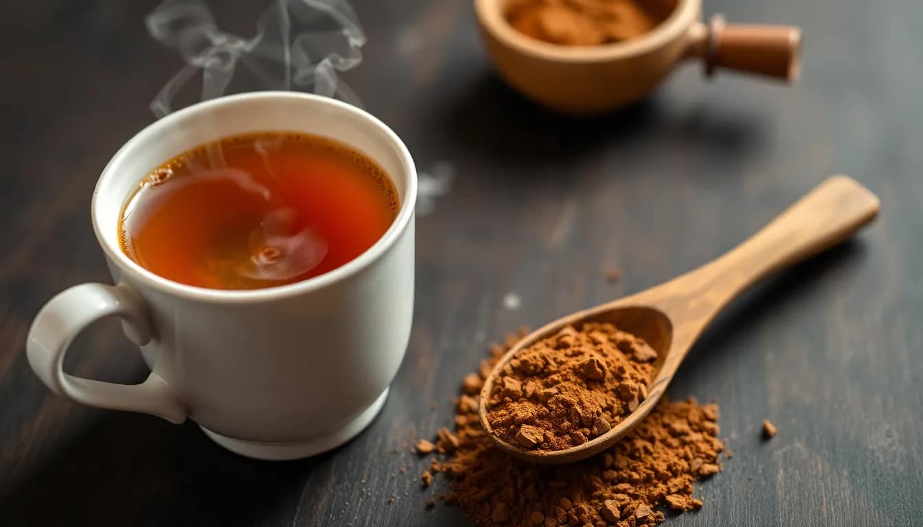A cozy cup of masala tea with a spoon of masala tea powder, emphasizing comfort and richness.
