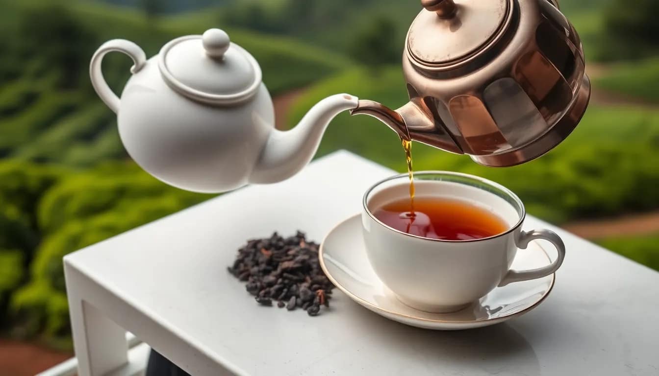Darjeeling first flush - serene tea brewing image amidst lush gardens