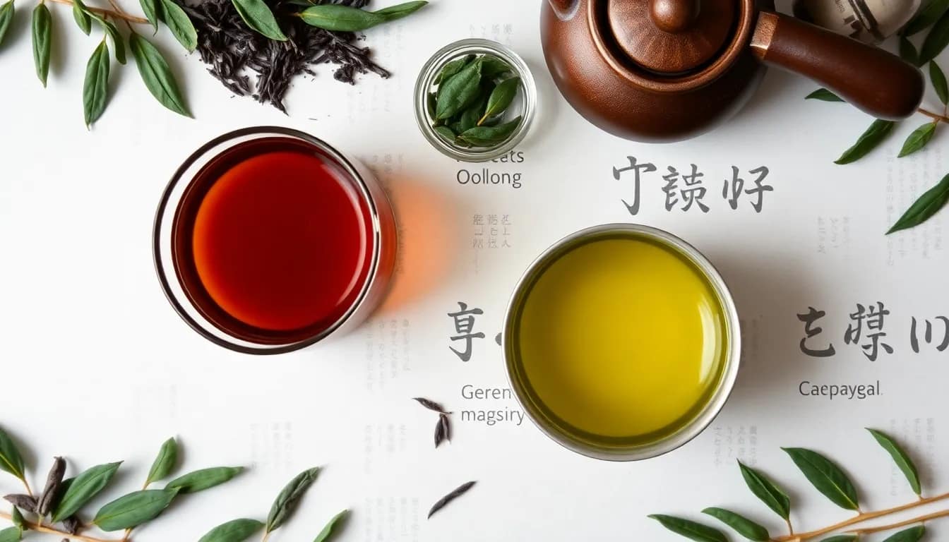 An arrangement of oolong tea and green tea brewing tools emphasizing their unique brewing processes and flavors.