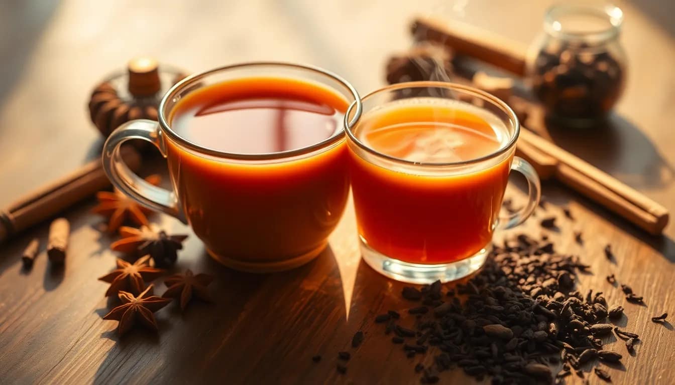 A steaming cup of masala chai with tea leaves and spices arranged on a wooden table.