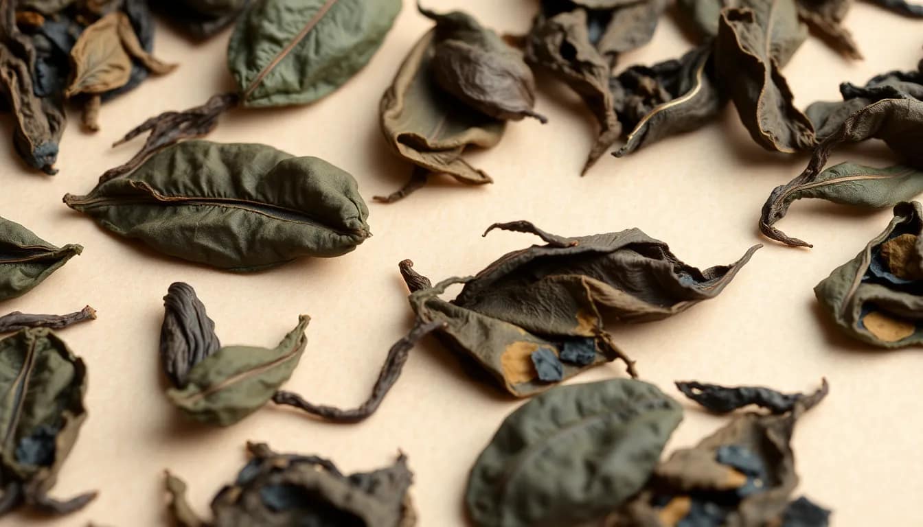 Visual representation of oolong tea flavor through varied leaves illustrating different oxidation levels.