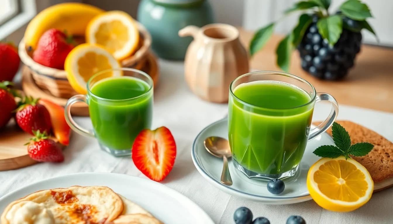 A vibrant breakfast scene featuring Green Tea for Morning Energy with fruits and a peaceful atmosphere.
