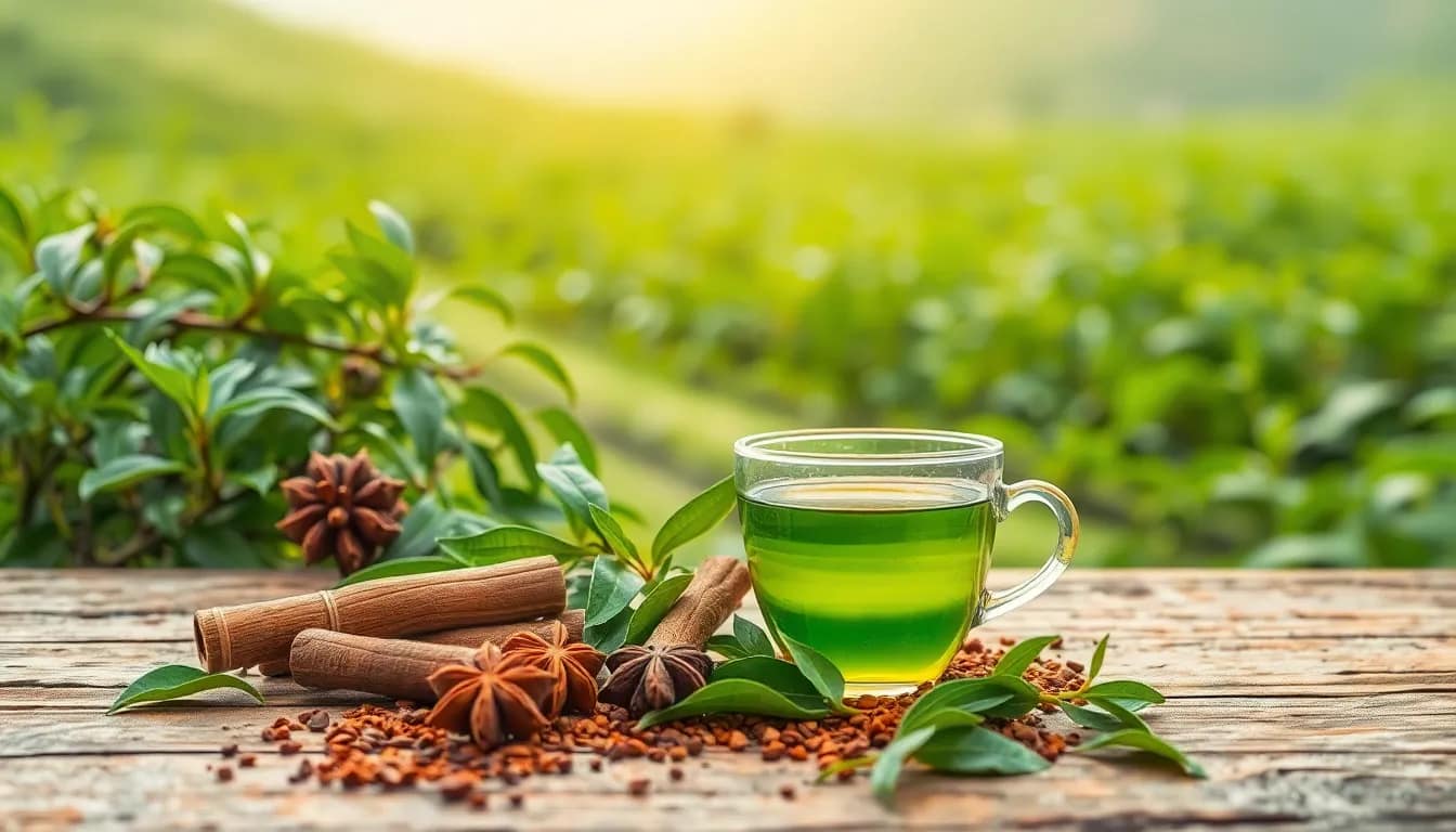 A beautiful depiction of kahwa green tea with spices and leaves.