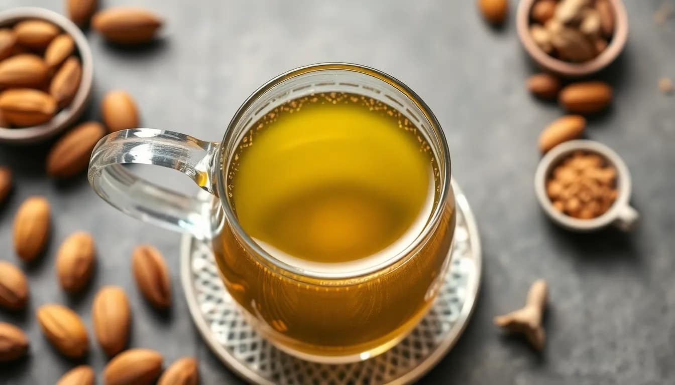 Freshly brewed kahwa green tea with traditional ingredients showcased.