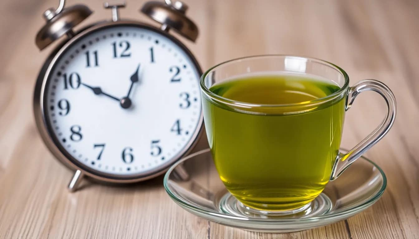 A calming depiction of Green Tea for Intermittent Fasting next to a clock, illustrating its supportive role.