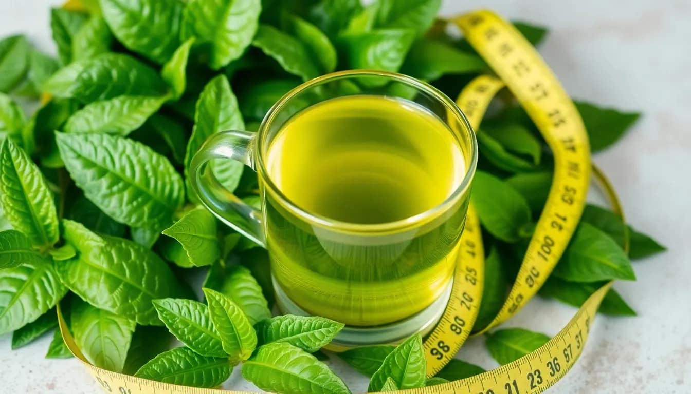 A visual representation of Green Tea for Weight Loss with tea, leaves, and a measuring tape.