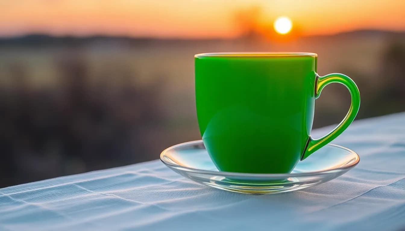 Best time to have green tea - morning calmness depicted with green tea and sunrise