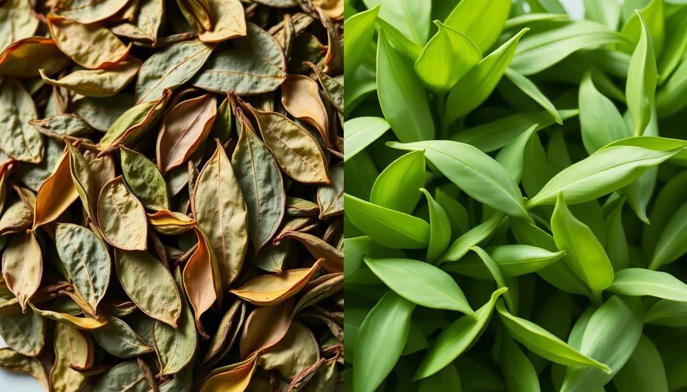 A comparison of oolong tea vs green tea through vibrant leaf imagery, highlighting their distinct characteristics.