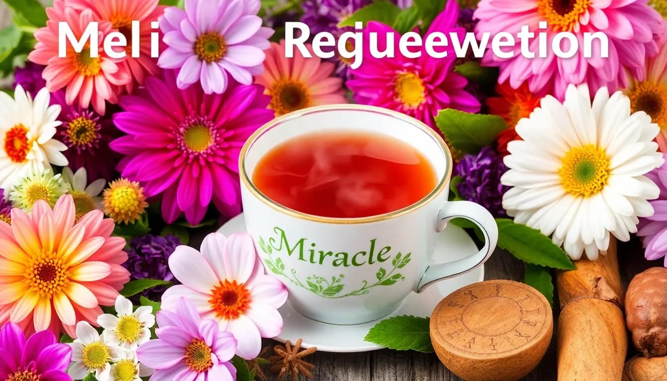Miracle tea for glowing skin - vibrant depiction of rejuvenation and natural beauty ingredients