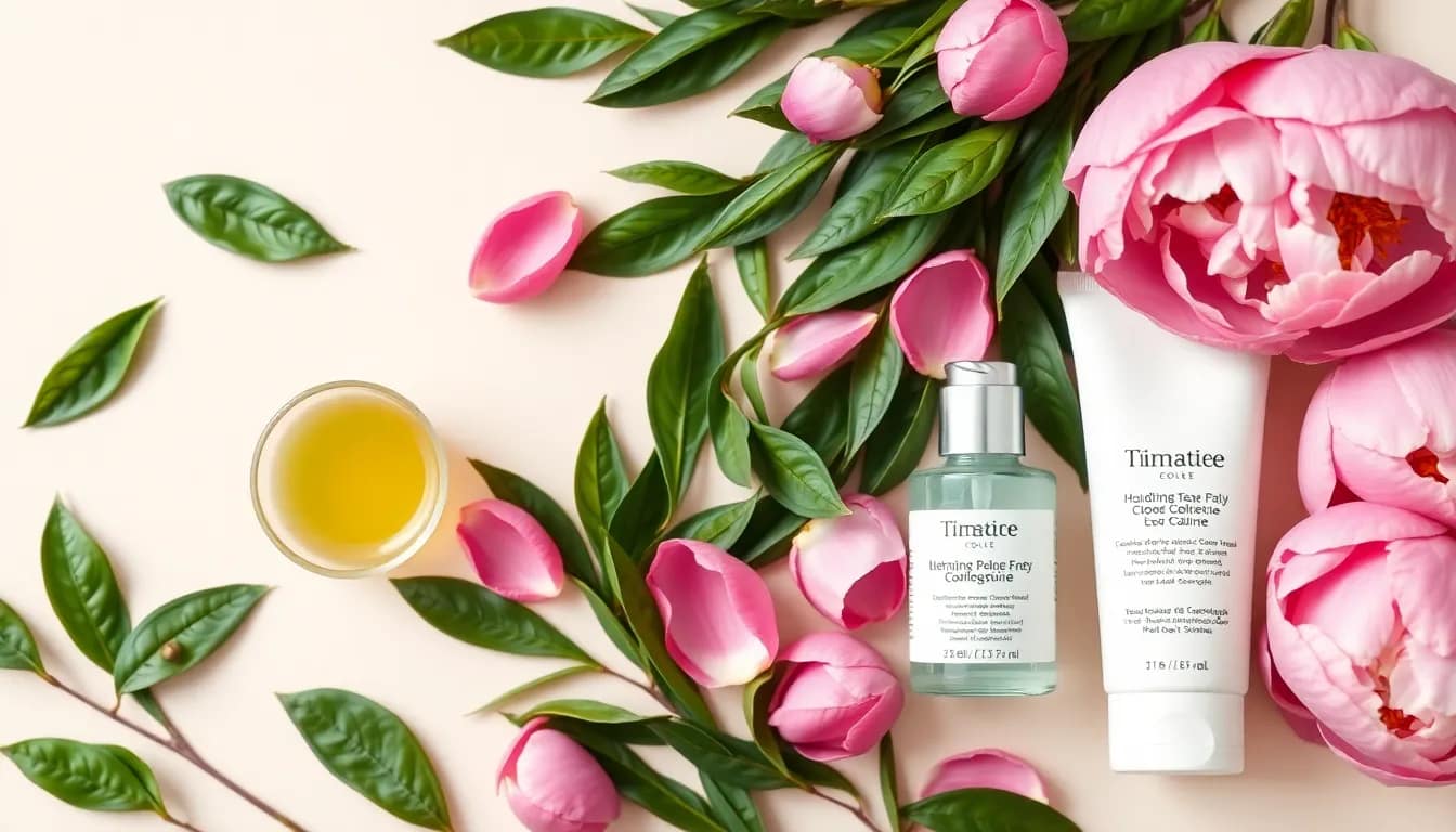 A soothing arrangement showcasing Green Tea for Skin Health with peony petals, enhancing skincare benefits and hydration.
