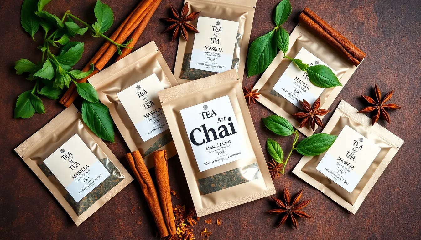 Flat lay of masala chai tea bags with spices and herbs emphasizing rich flavors.