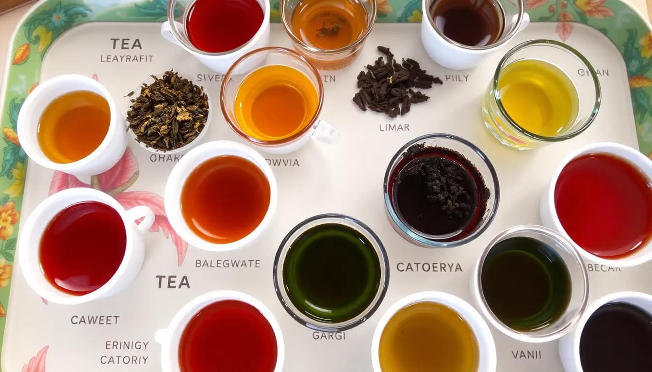 An inviting display of types of tea flavors in different small cups.