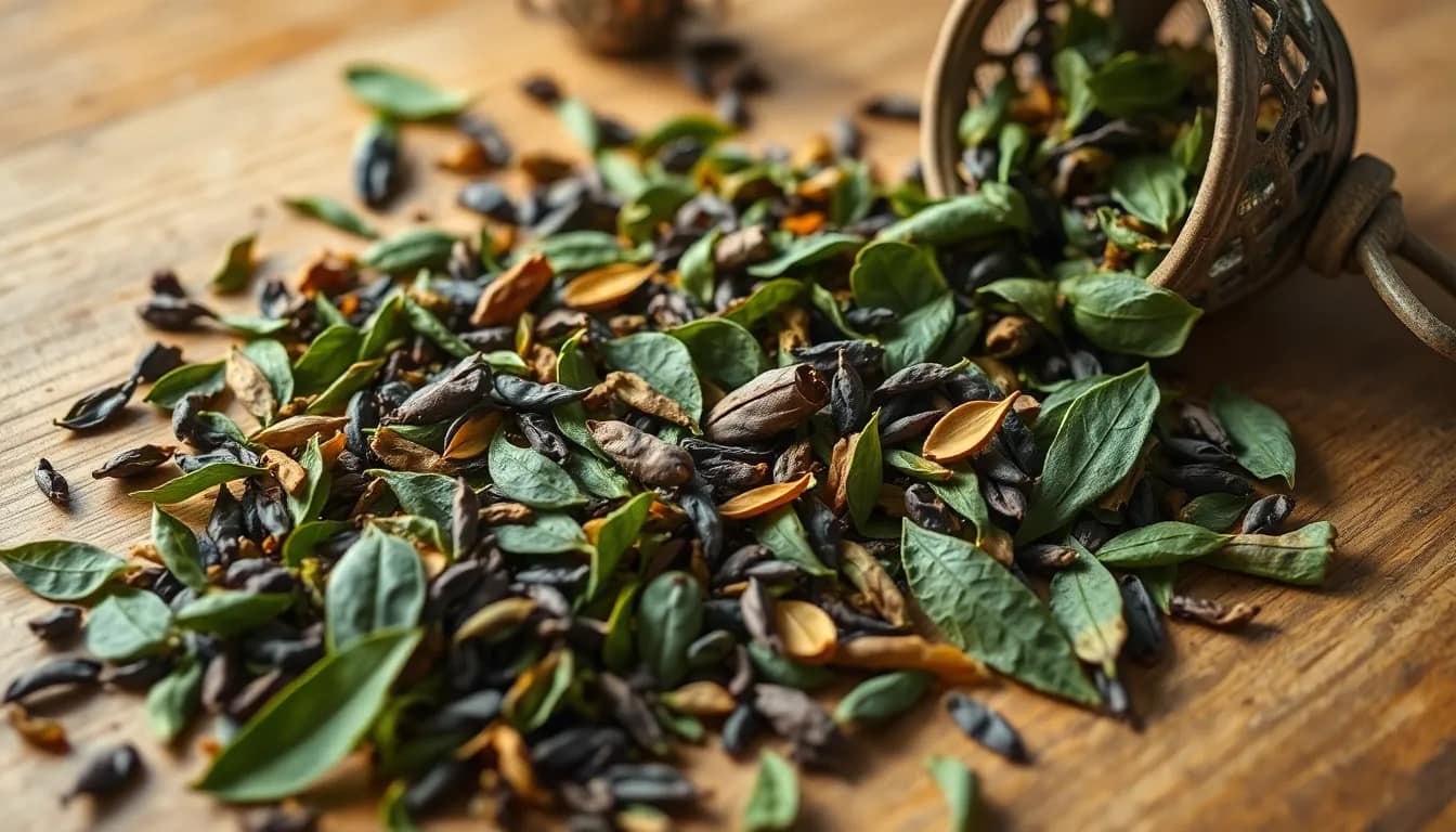 Captivating display of loose leaf tea showcasing its vibrant leaves and inviting aroma on a wooden backdrop.