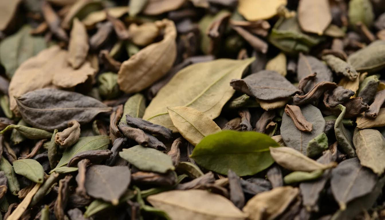 Diverse types of tea flavors depicted through various tea leaves.