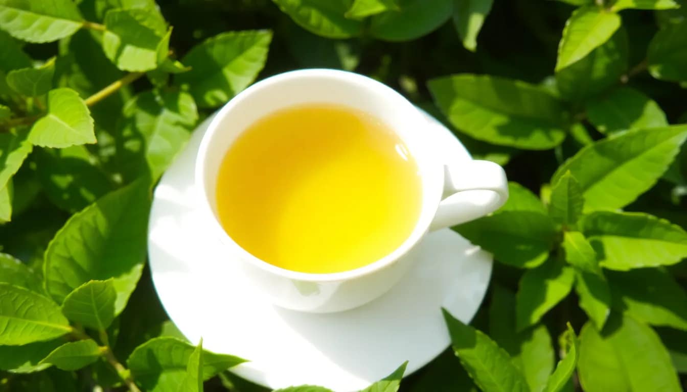 A serene teacup showcasing unsweetened green tea, surrounded by fresh green leaves.