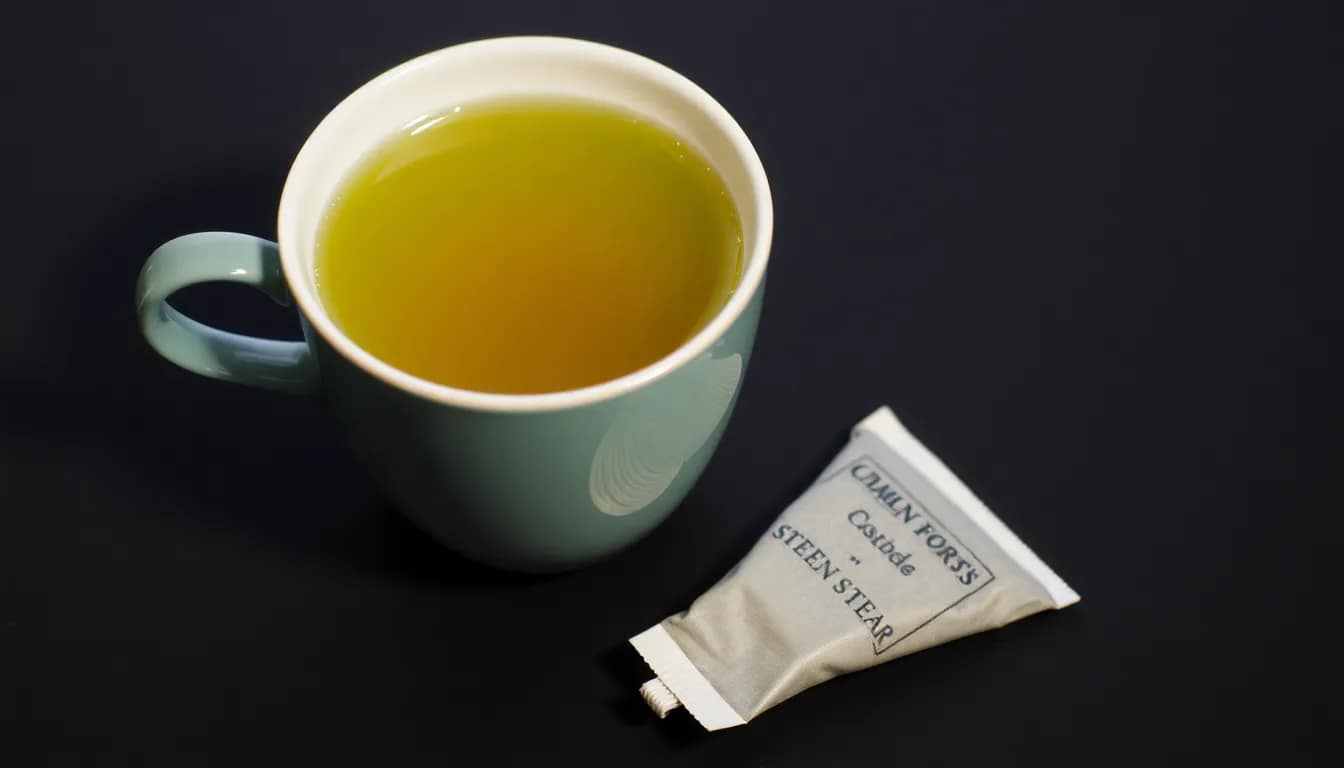 green tea sachets - Brewed green tea cup with used sachet beside, highlighting convenience and taste.