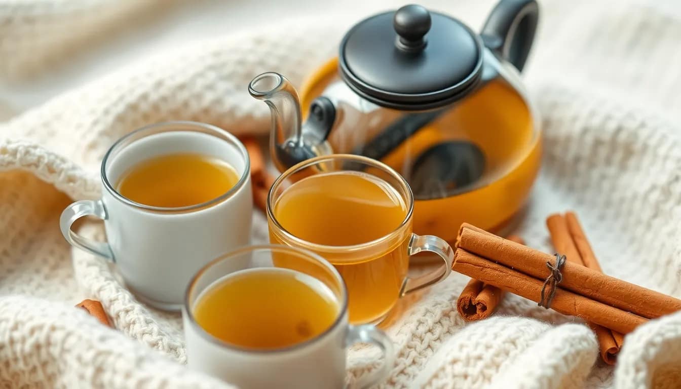 An inviting setup to brew cinnamon green tea with teapot and cups, emphasizing homemade tea warmth.