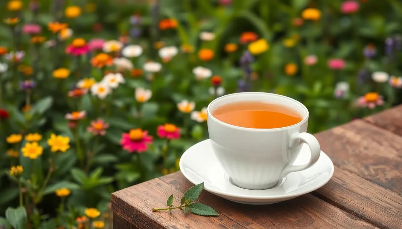 A vibrant scene of caffeine free herbal tea surrounded by fresh herbs and colorful flowers.