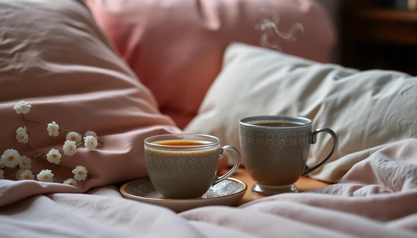 Relaxing scene for teas that help you sleep, featuring calm colors and chamomile tea.