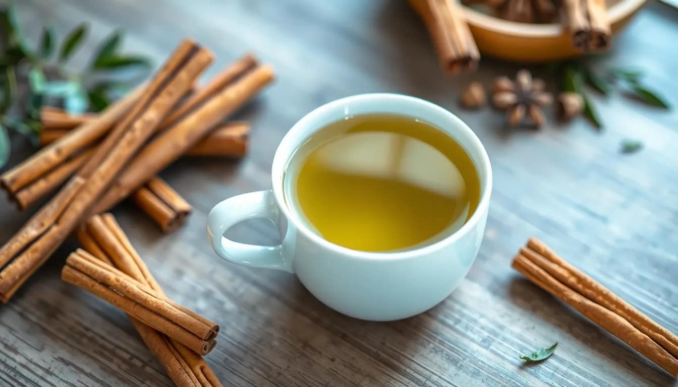 A calming scene featuring cinnamon green tea with cinnamon sticks, showcasing the drink's soothing qualities.