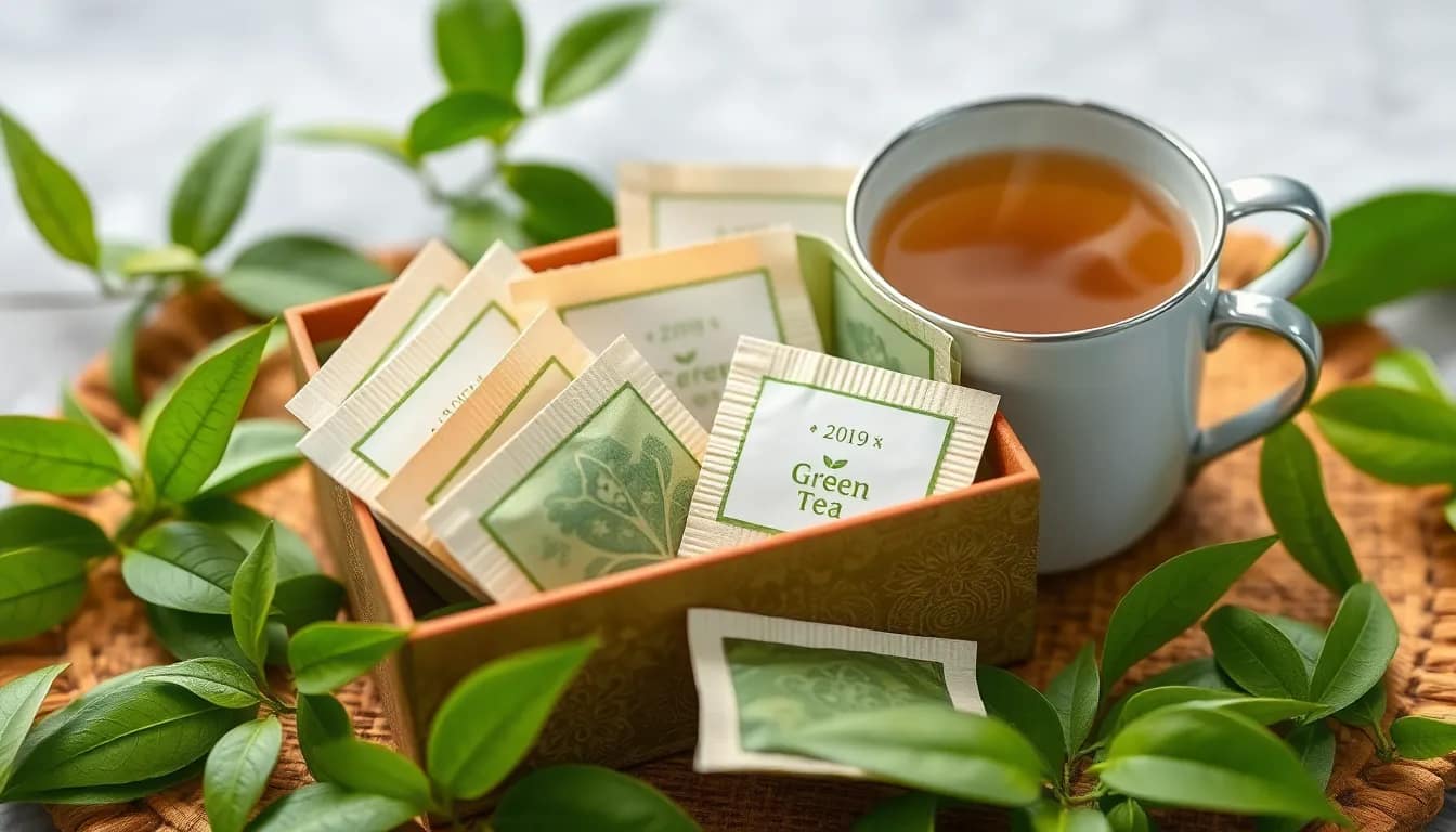green tea sachets - A beautifully arranged collection of green tea sachets with fresh leaves, showcasing quality and flavor.