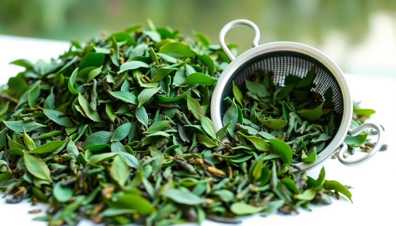loose leaf green tea - Fresh loose leaf green tea displayed with an infuser, emphasizing its premium quality and flavor.