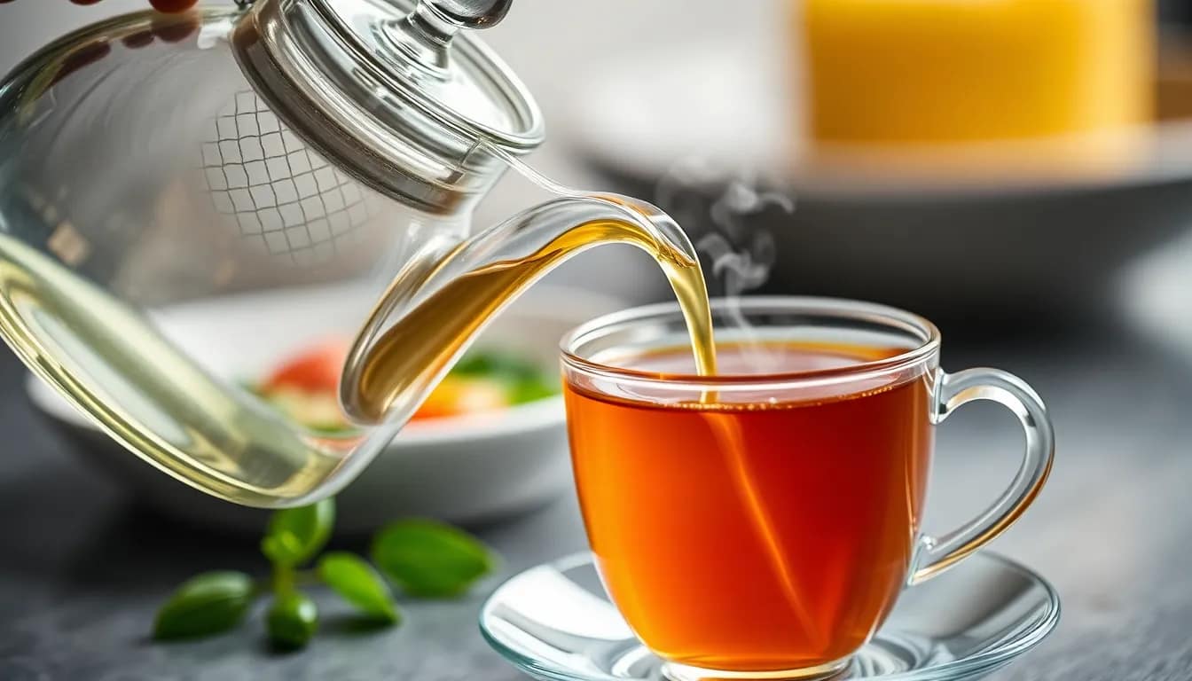 An elegant glass teapot pouring slim tea into a cup