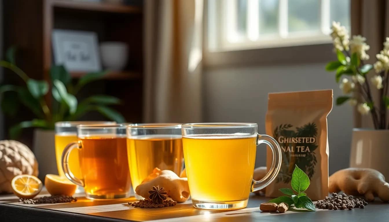 Ginger tea for period cramps showcased among assorted herbal teas for relaxation.