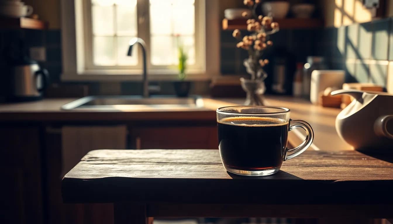 A warm scene of a cup of black coffee steaming on a rustic kitchen countertop with sunlight.