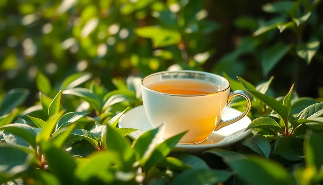 A peaceful setting showcasing relaxing green tea in a natural environment.
