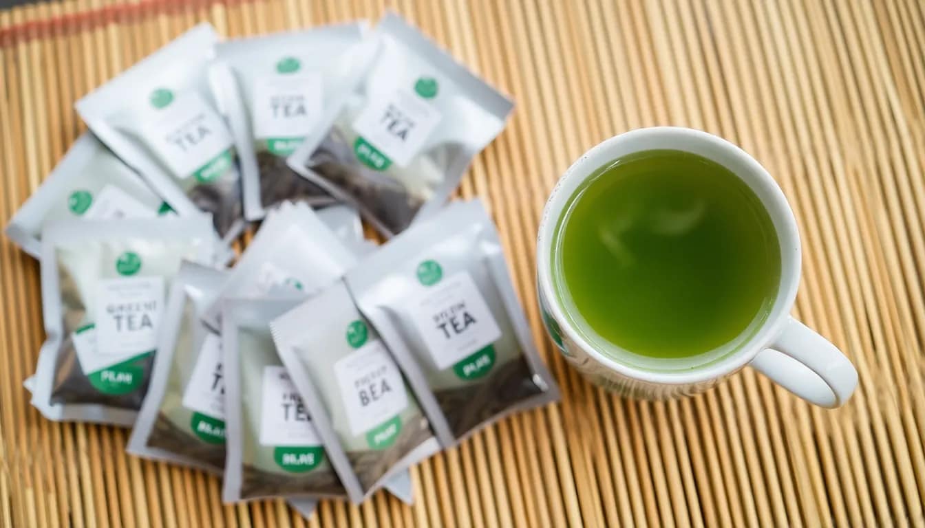 best green tea bags - Steaming cup of green tea with various premium tea bags, illustrating quality and choice.