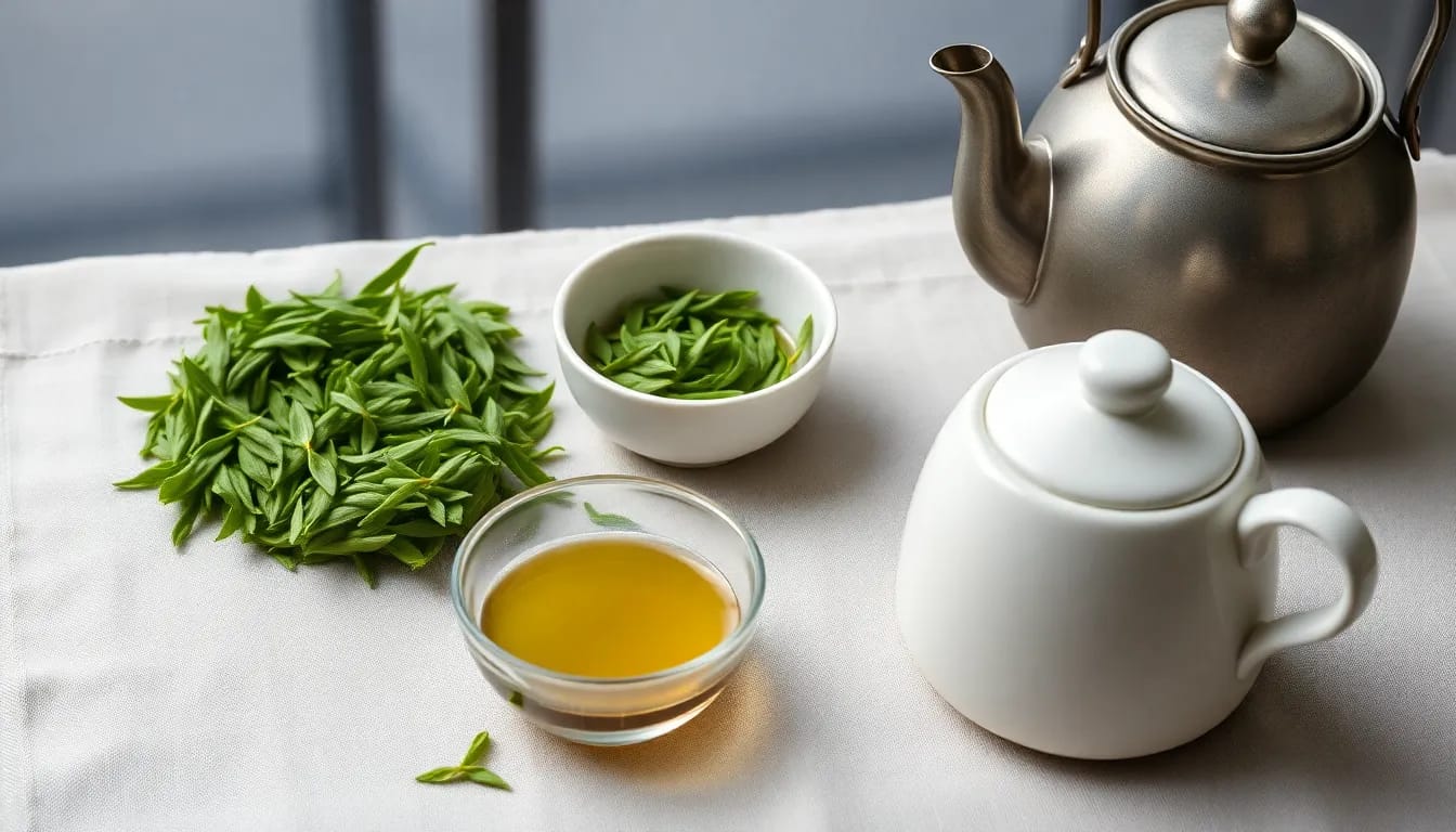 A calming tea setup showcasing unsweetened green tea, loose-leaf, and a kettle for brewing.