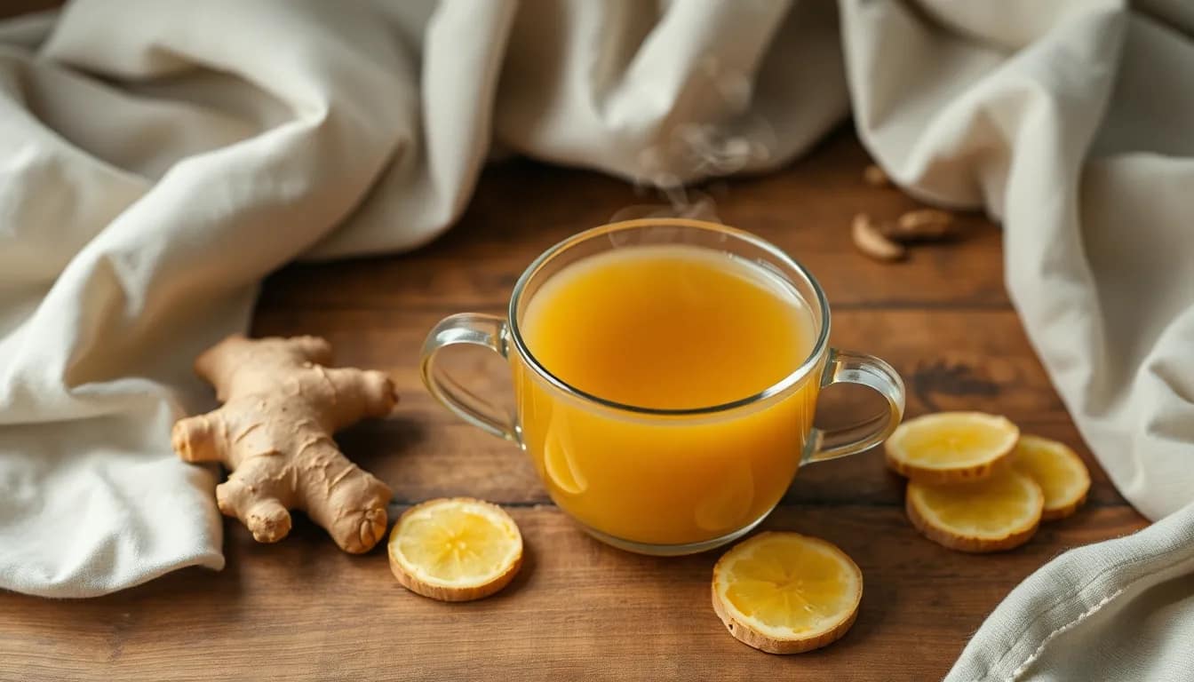 Ginger tea for period cramps in a serene setting with fresh ginger slices.