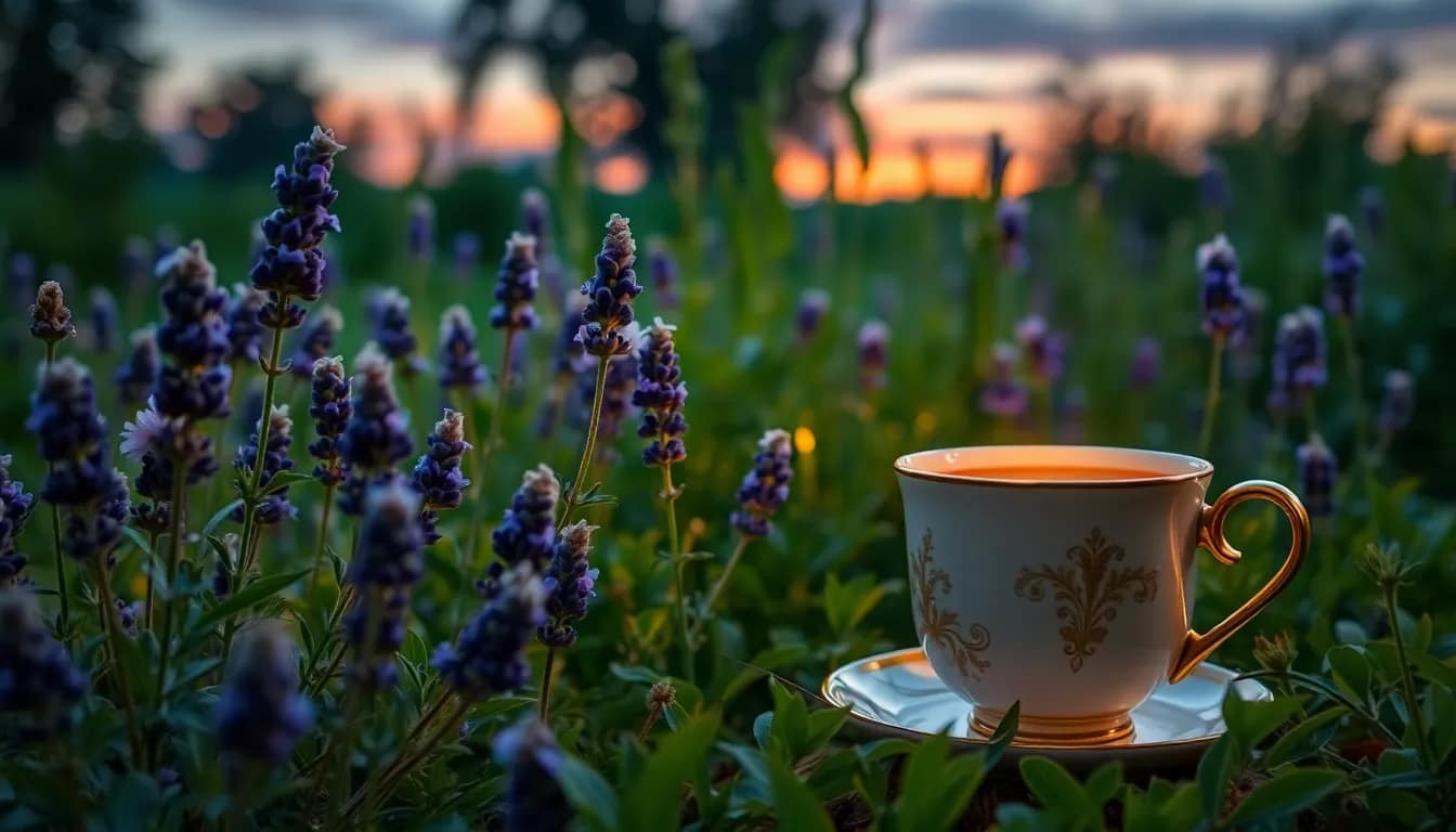 Tranquil garden with teas that help you sleep, highlighting lavender's calming effect.
