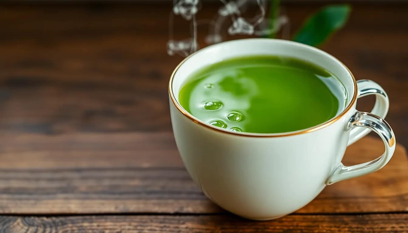 green tea as a detox, steaming cup on a wooden table