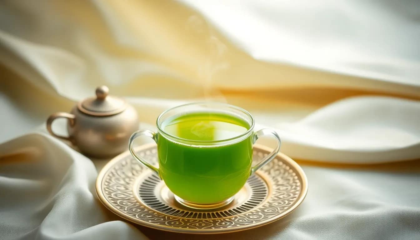 A calming scene featuring relaxing green tea in a serene setting.